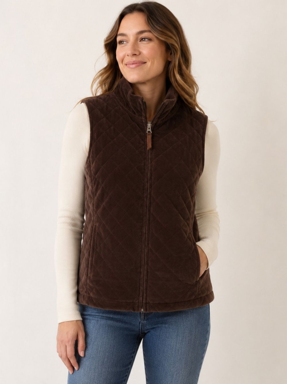 Denver Hayez Quilted Brown Velour Vest Jacket - Women's Size Xs